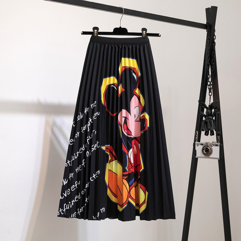 Women's Fashion Half Printed Cartoon Pleated Skirts
