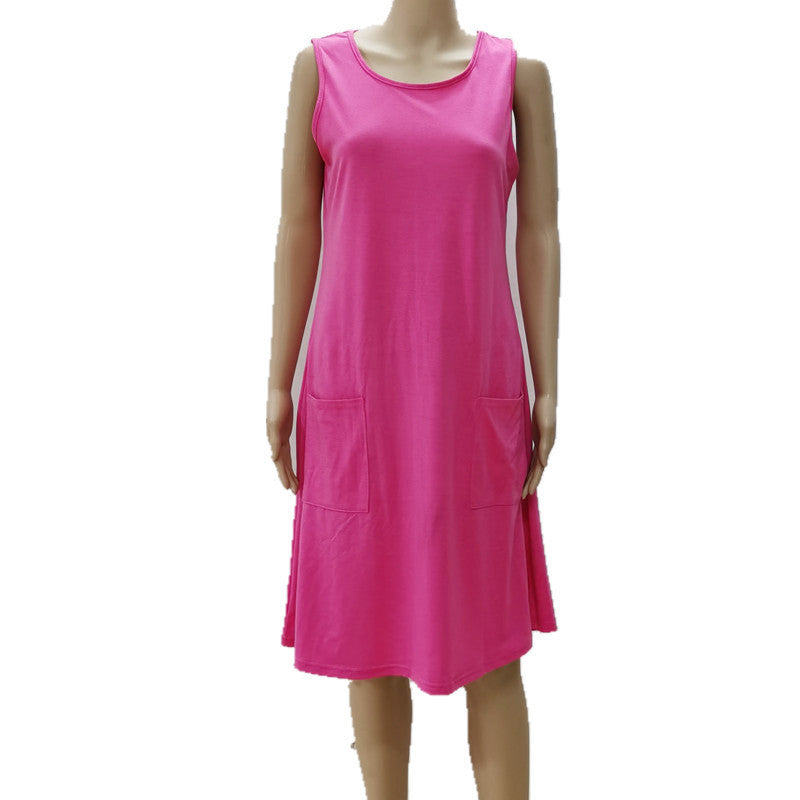 Women's Pocket Beach Midi Solid Color Sleeveless Knit Dress