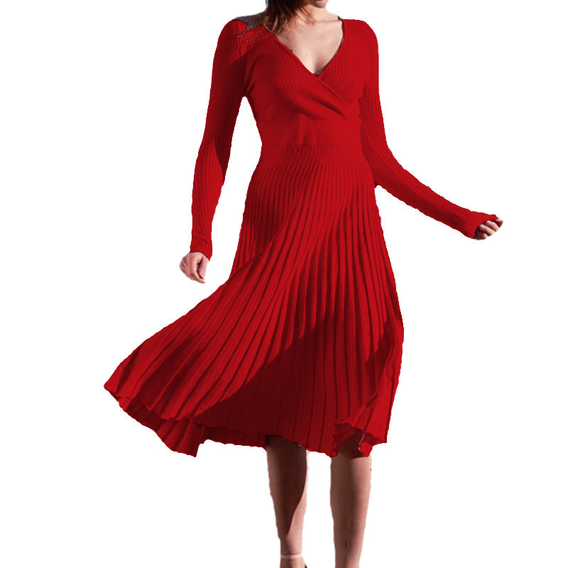 Women's Elegant Long-sleeved Wrapped Chest Mid-length Knitted Pleated Dresses