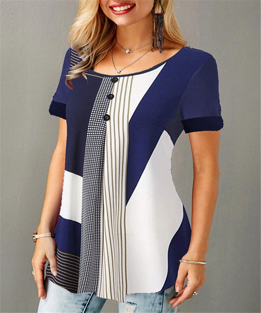 Women's Pullover Print Loose Round Neck Button Blouses