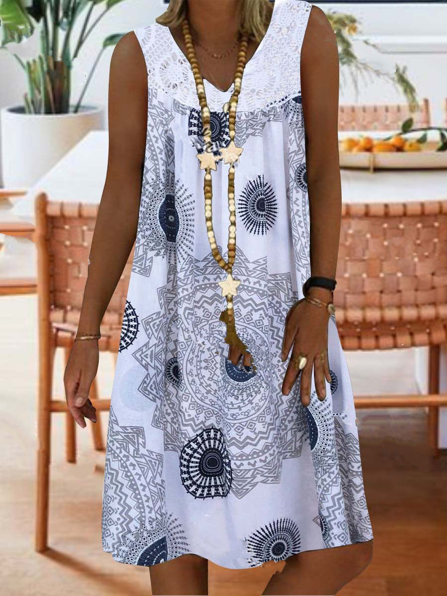 Summer Lace Stitching Printing Deep Sleeveless Dress