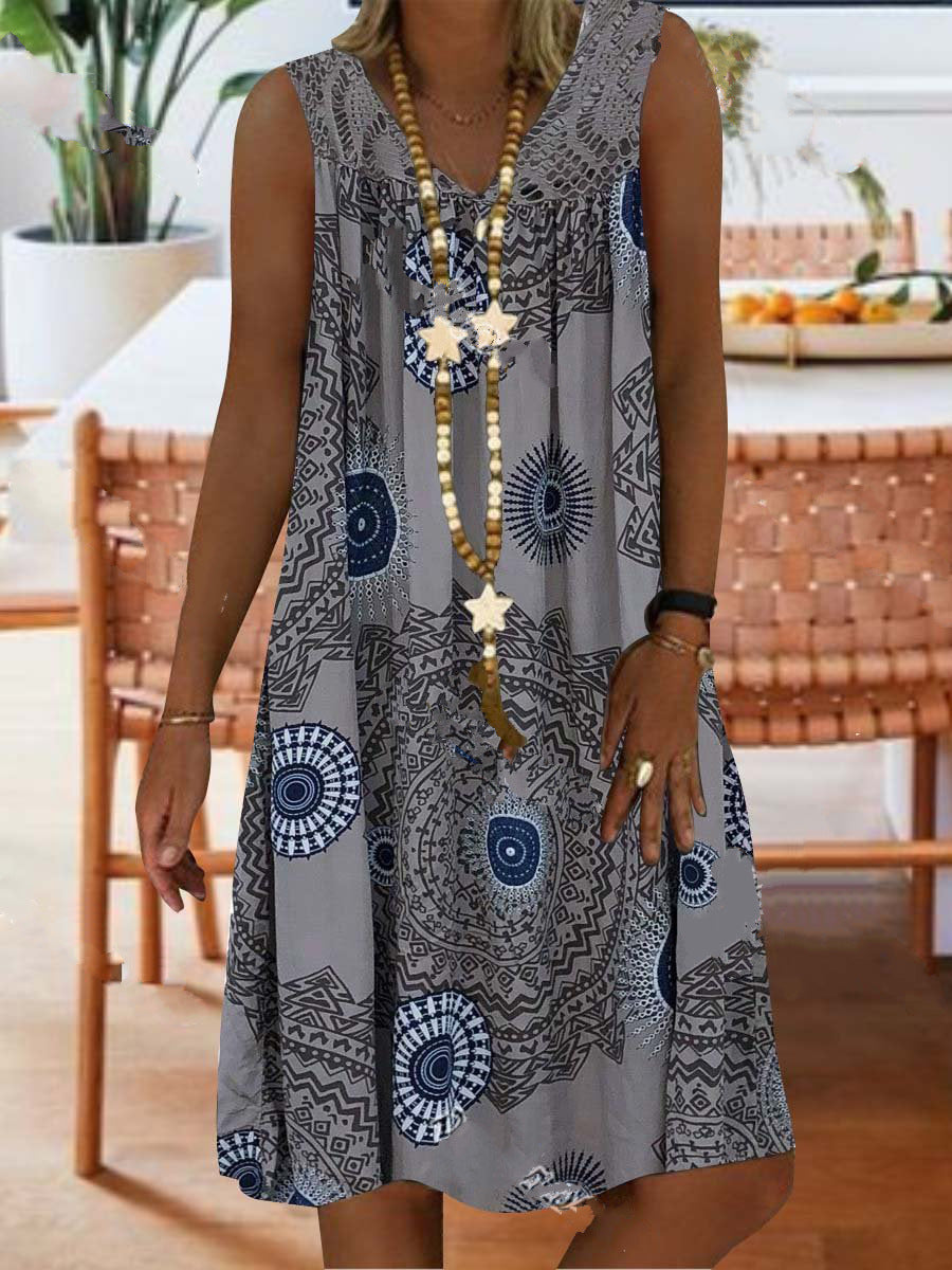Summer Lace Stitching Printing Deep Sleeveless Dress