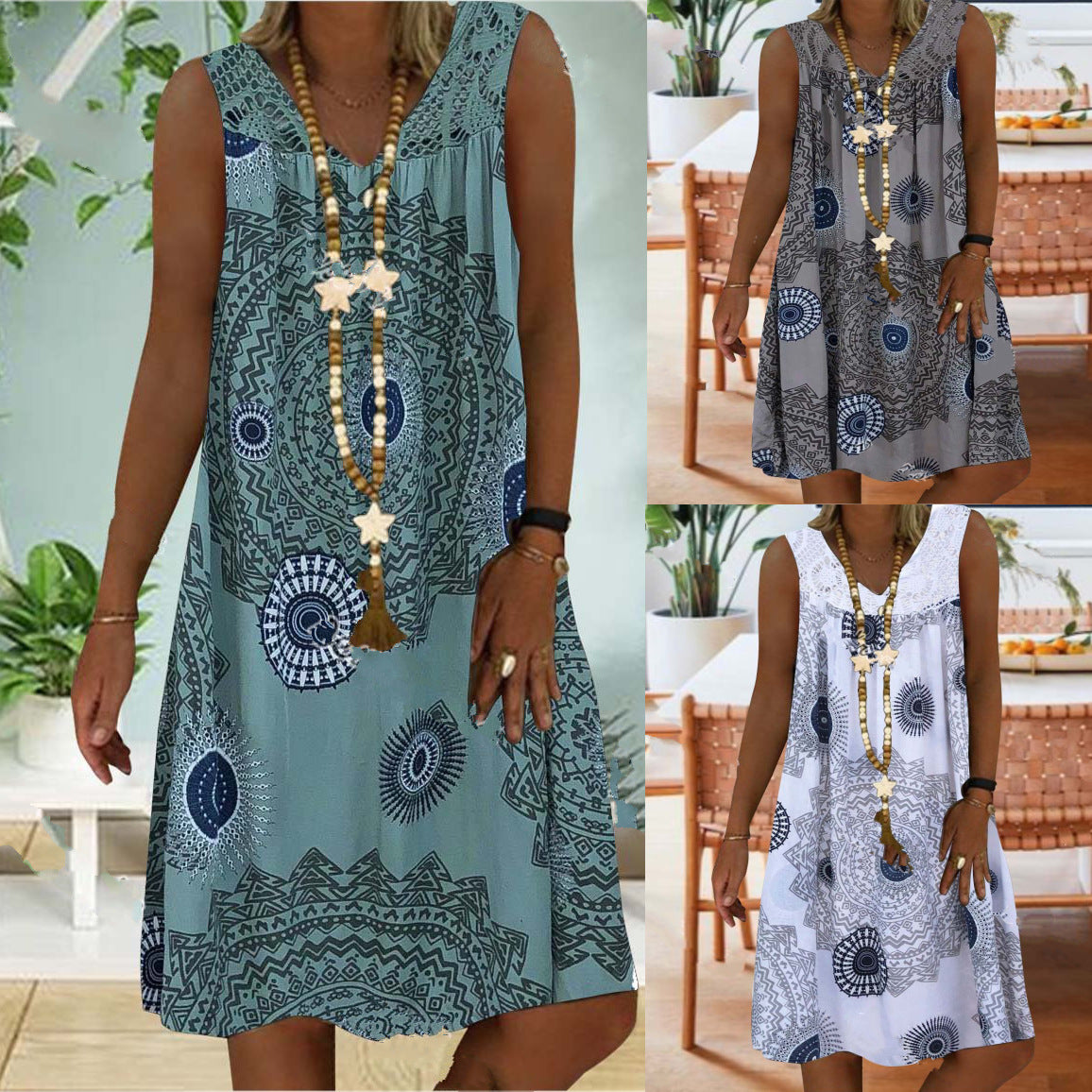 Summer Lace Stitching Printing Deep Sleeveless Dress