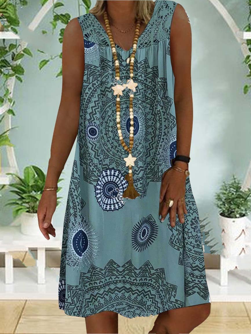 Summer Lace Stitching Printing Deep Sleeveless Dress