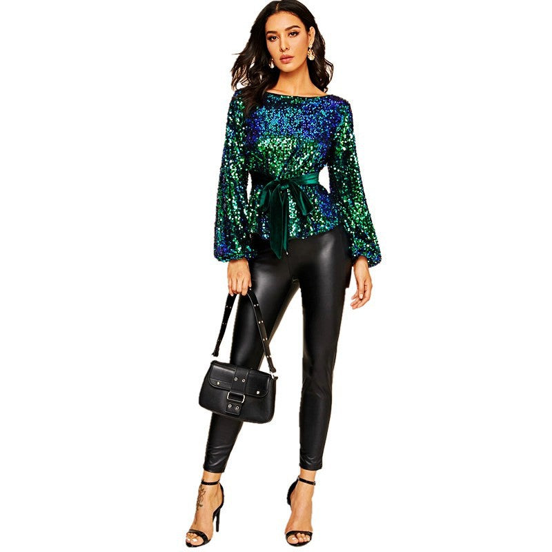 Women's Veet Belt Sequin Fashion Personality Pullover Blouses