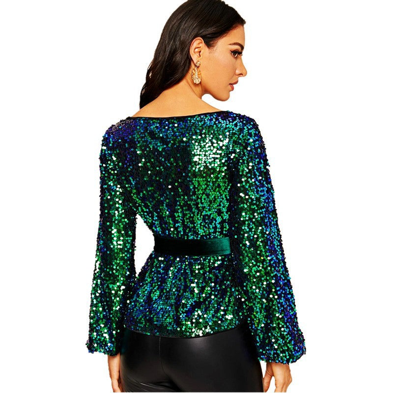 Women's Veet Belt Sequin Fashion Personality Pullover Blouses