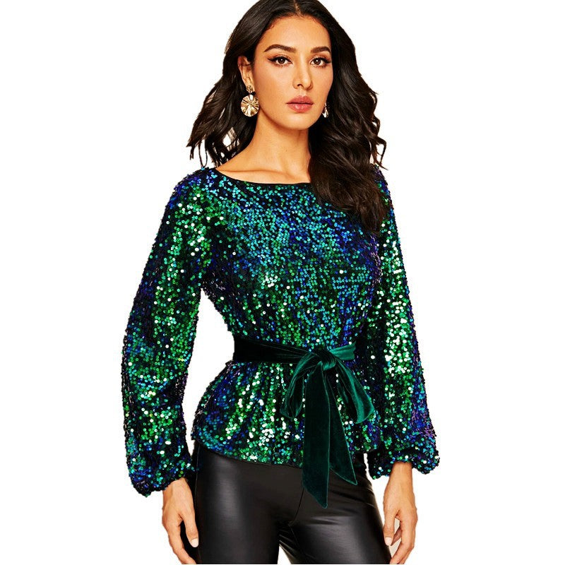 Women's Veet Belt Sequin Fashion Personality Pullover Blouses