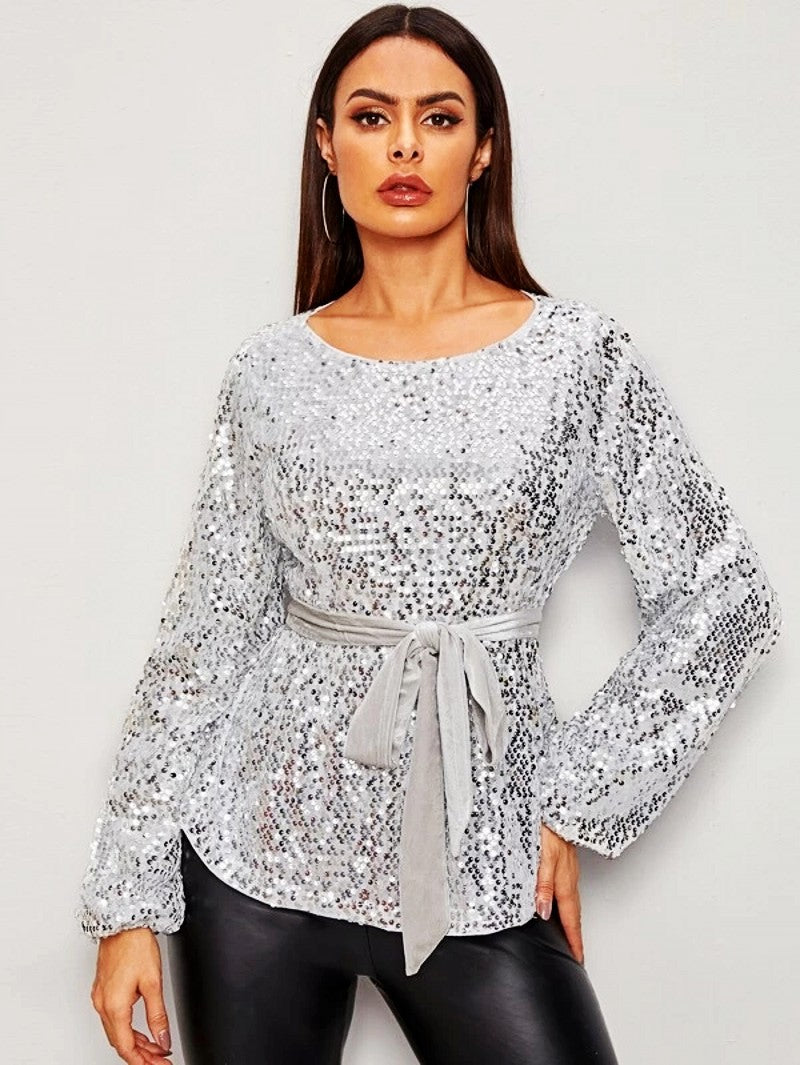 Women's Veet Belt Sequin Fashion Personality Pullover Blouses