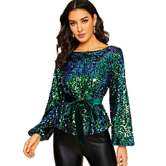 Women's Veet Belt Sequin Fashion Personality Pullover Blouses