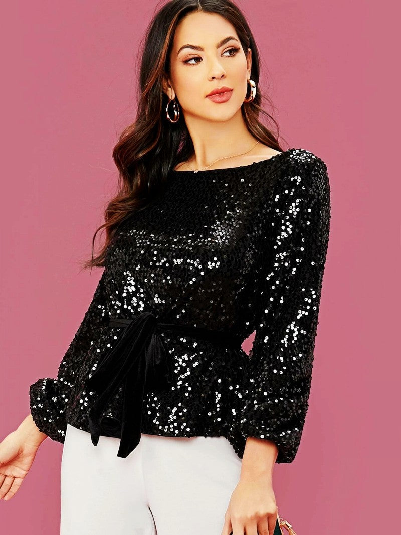 Women's Veet Belt Sequin Fashion Personality Pullover Blouses