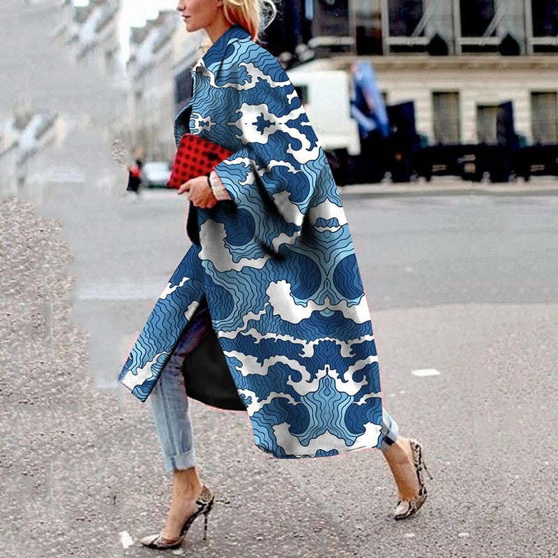 Women's Long Bell Sleeve Printed Loose Trench Coats