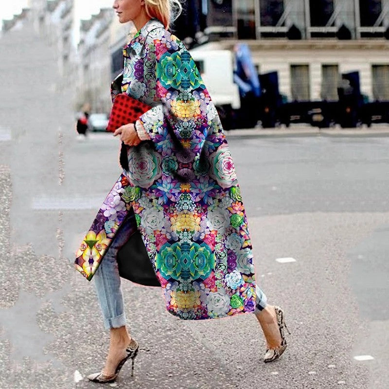 Women's Long Bell Sleeve Printed Loose Trench Coats