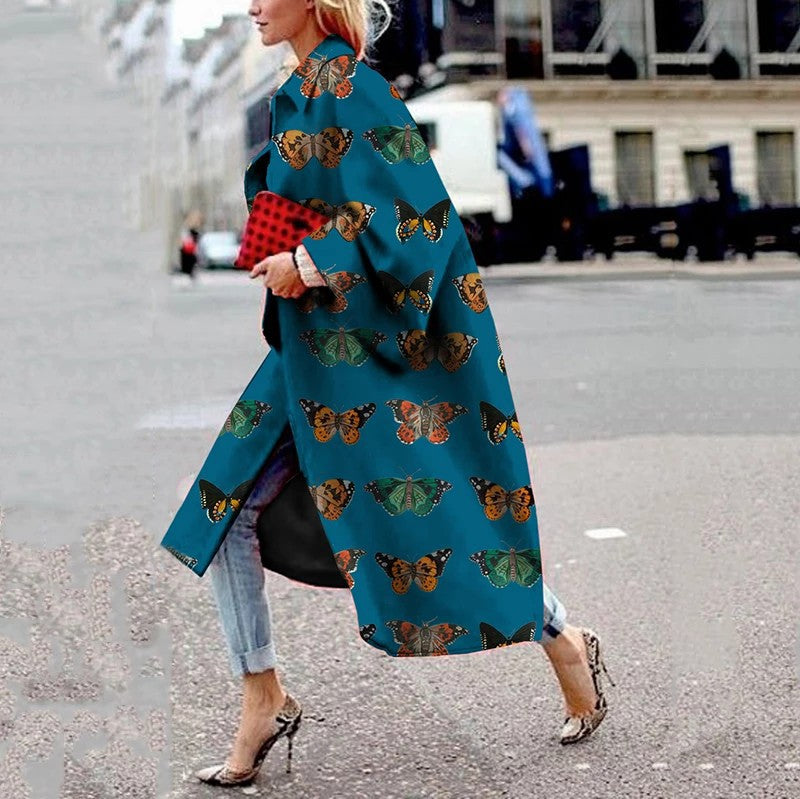 Women's Long Bell Sleeve Printed Loose Trench Coats