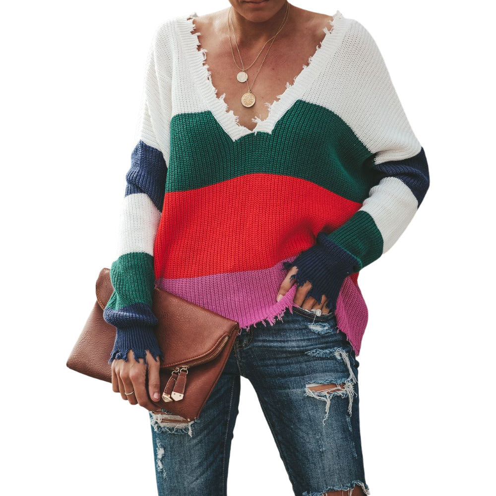 Classic Casual Spring Ripped Stitching Knitted Sweaters