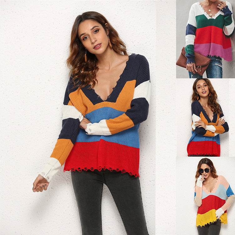 Classic Casual Spring Ripped Stitching Knitted Sweaters