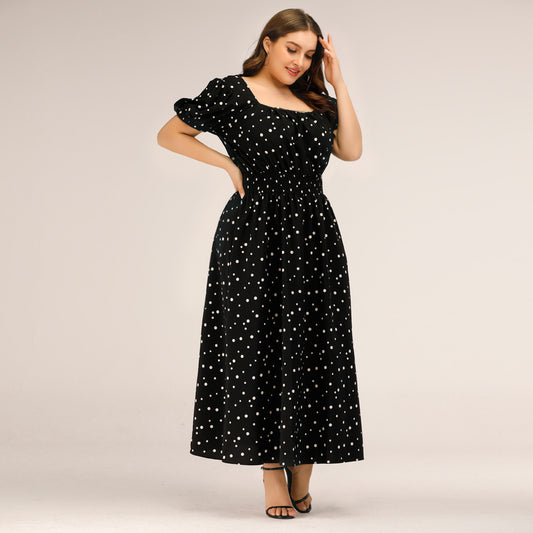 Women's Square Collar Puff Sleeve Long Clothes Dress Temperament Dresses