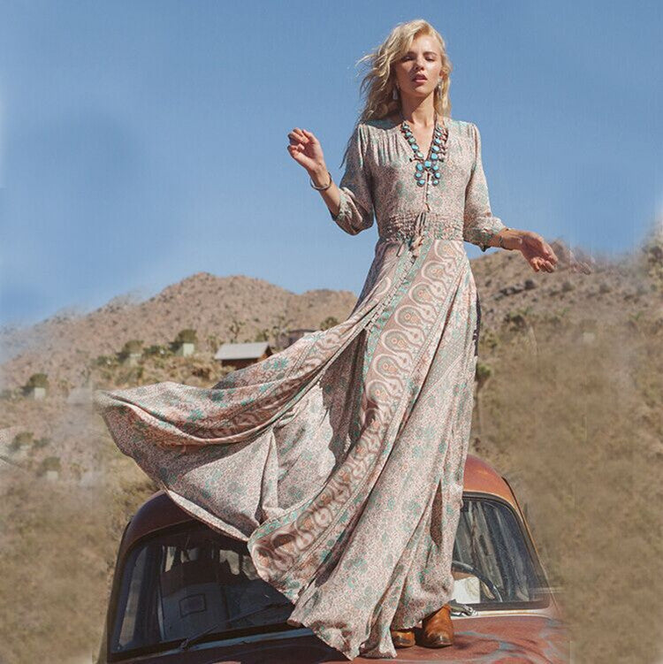 Elegant Chiffon Printed Waist Elastic Tassel Dress