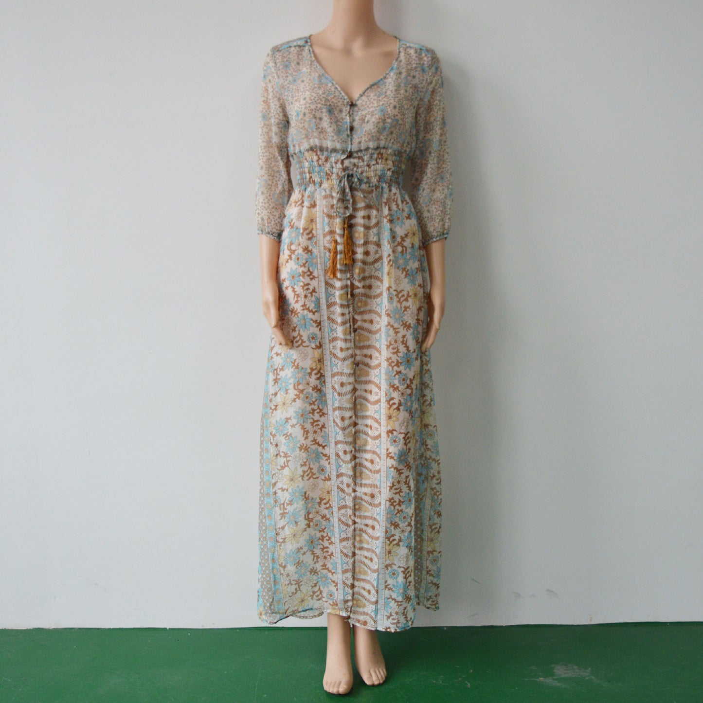 Elegant Chiffon Printed Waist Elastic Tassel Dress