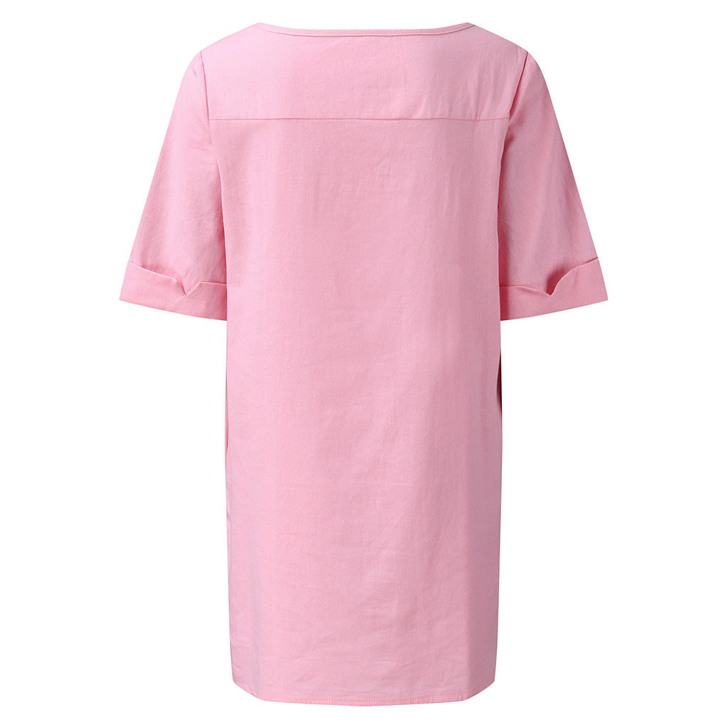 Women's Solid Color Cotton Linen Sleeve Round Neck Dress