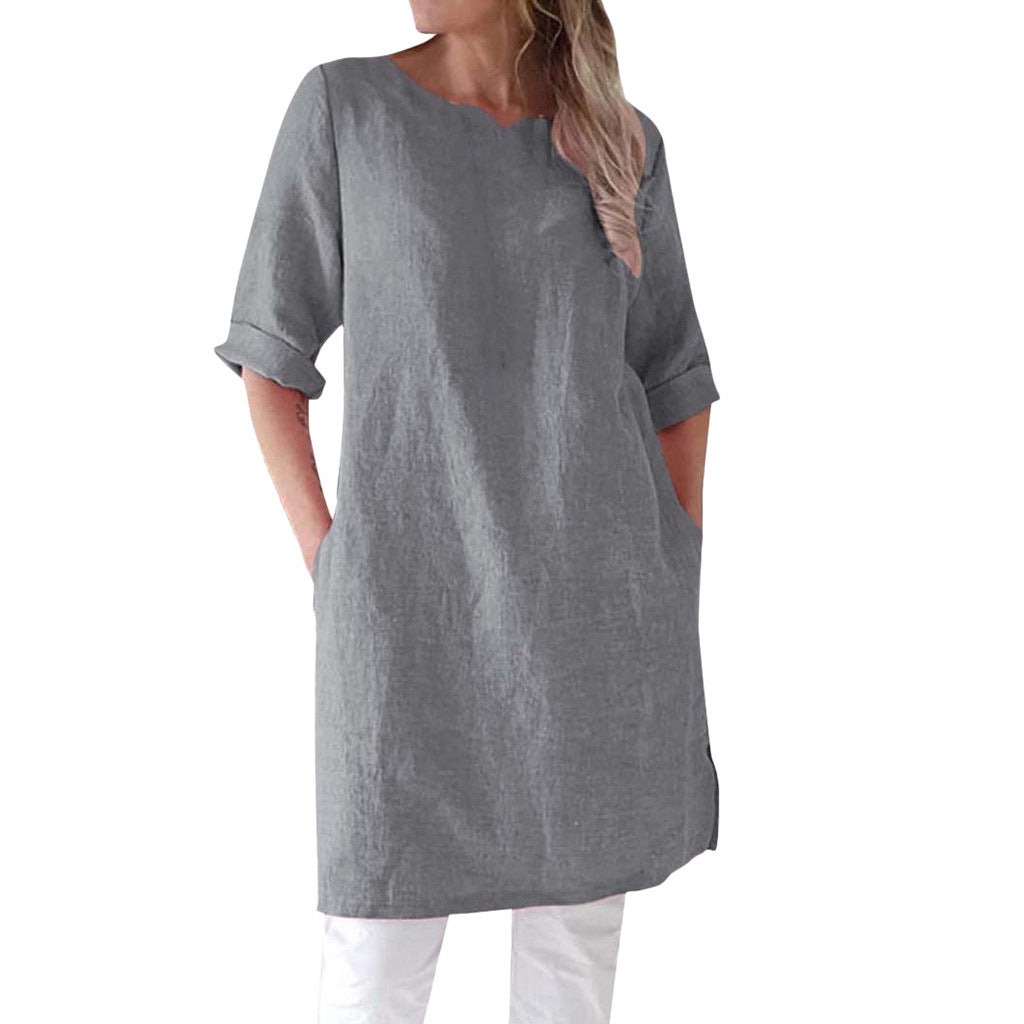 Women's Solid Color Cotton Linen Sleeve Round Neck Dress