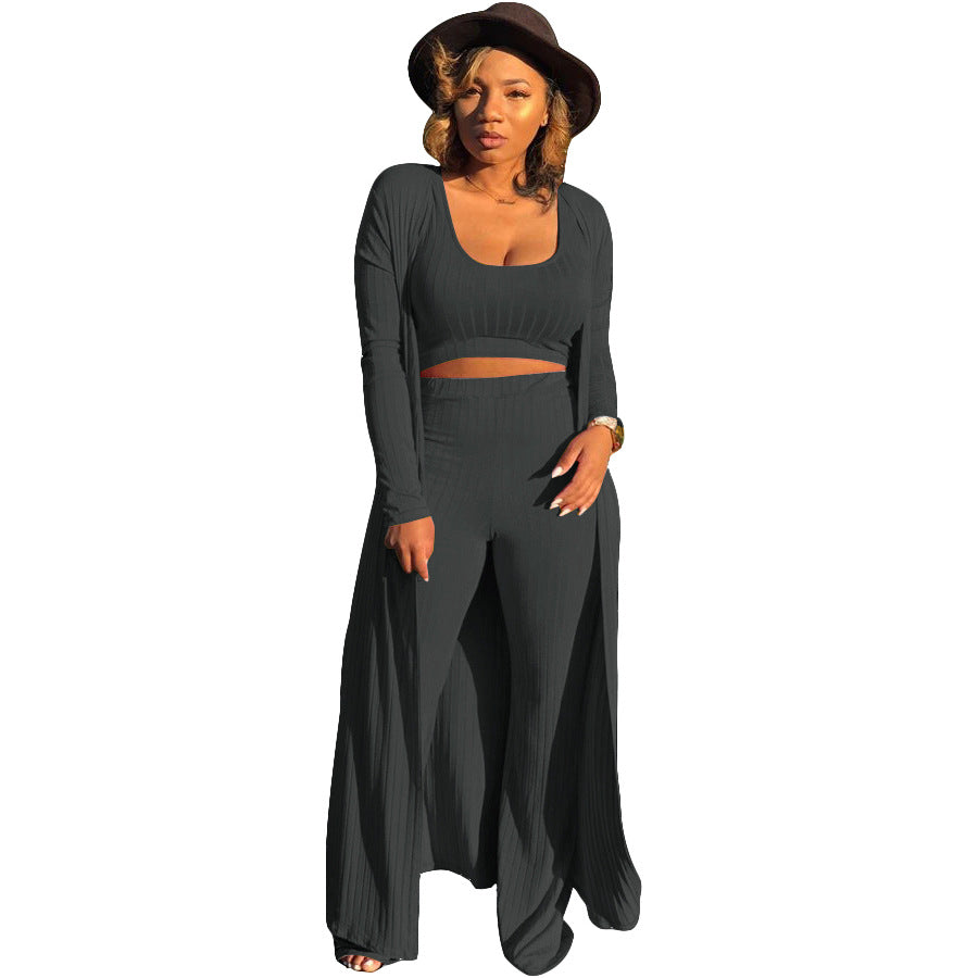 Women's High Elastic Sunken Stripe Three-piece Tight Suits