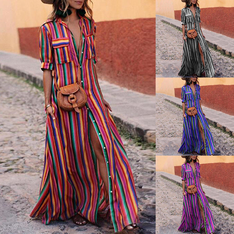 Women's Casual Striped High Waist Tied Dress