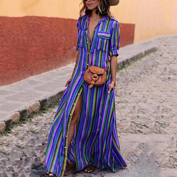 Women's Casual Striped High Waist Tied Dress