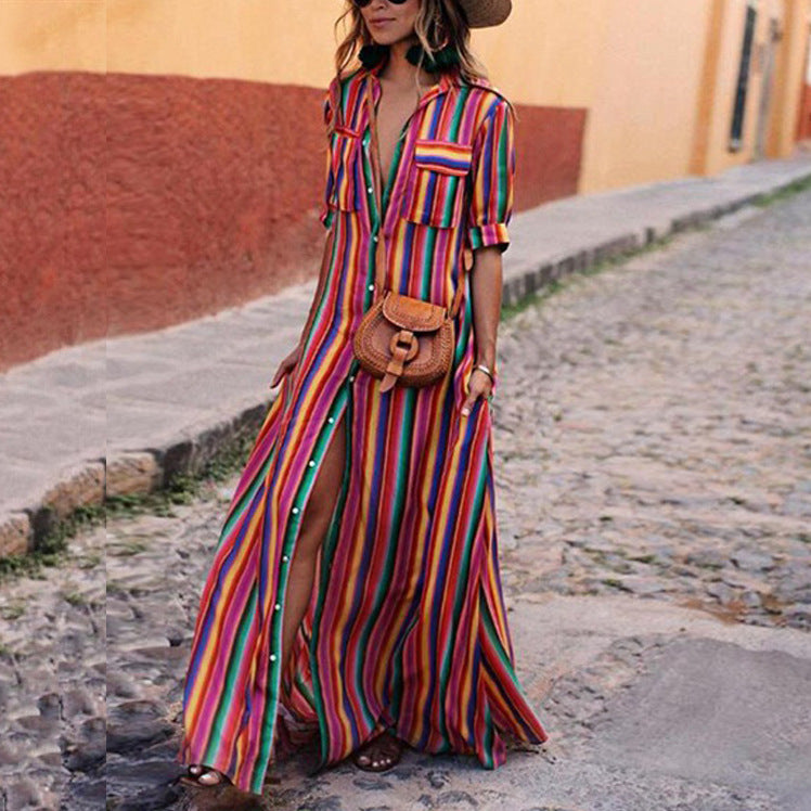 Women's Casual Striped High Waist Tied Dress