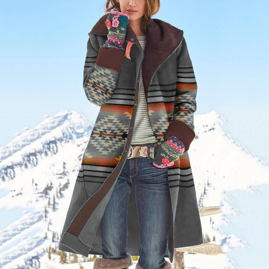 Women's Mid-length Printed Long Sleeve Woolen Cloth Coats