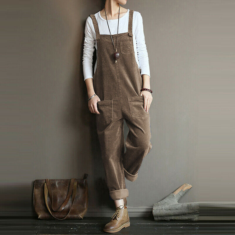 Corduroy Solid Color Casual Long Suspender Pants