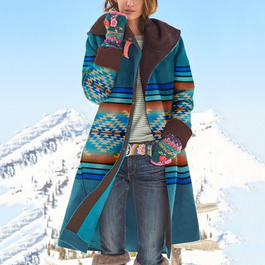 Women's Mid-length Printed Long Sleeve Woolen Cloth Coats