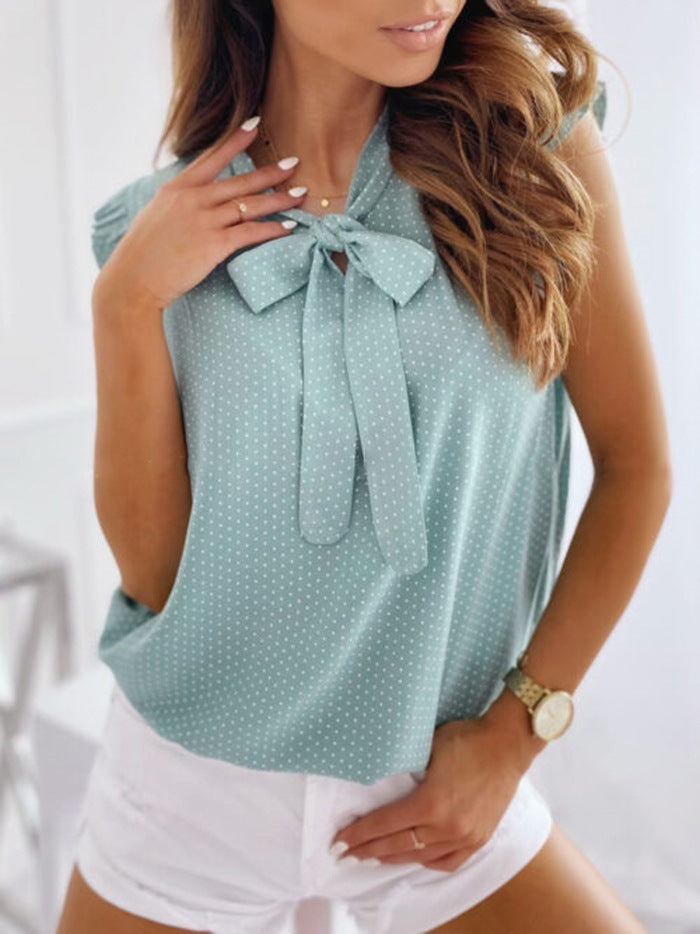 Women's Polka Dot Bow Collar Sleeveless Shirt Blouses