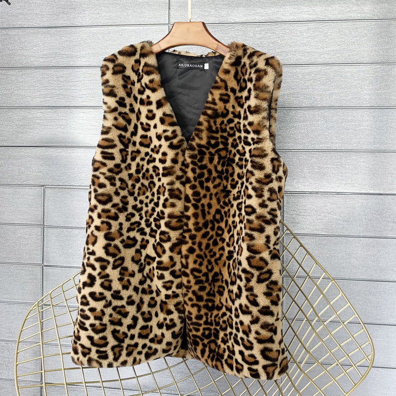 Women's Rex Rabbit Fur Leopard Print Winter Mid-length Coats