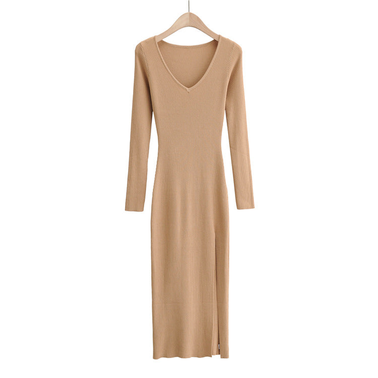 Side Slit Knitted Long-sleeved Dress Sunken Stripe Dresses