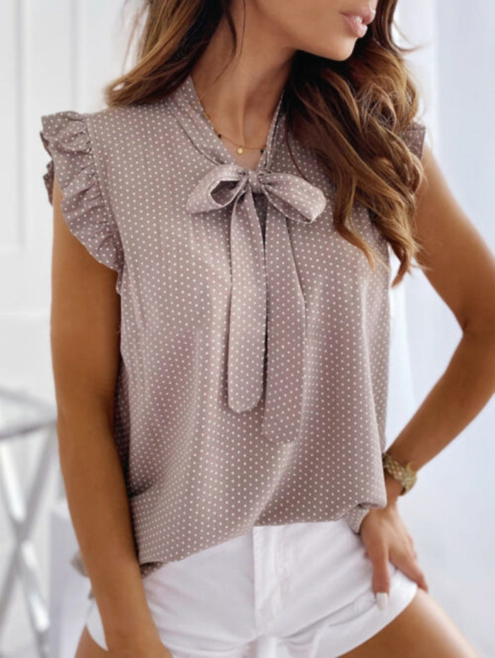 Women's Polka Dot Bow Collar Sleeveless Shirt Blouses