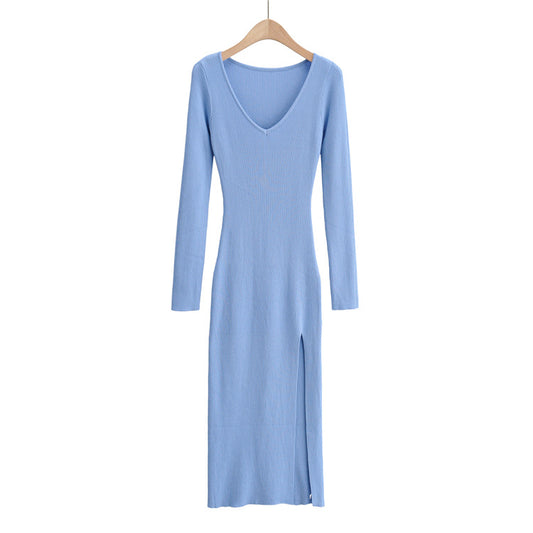 Side Slit Knitted Long-sleeved Dress Sunken Stripe Dresses