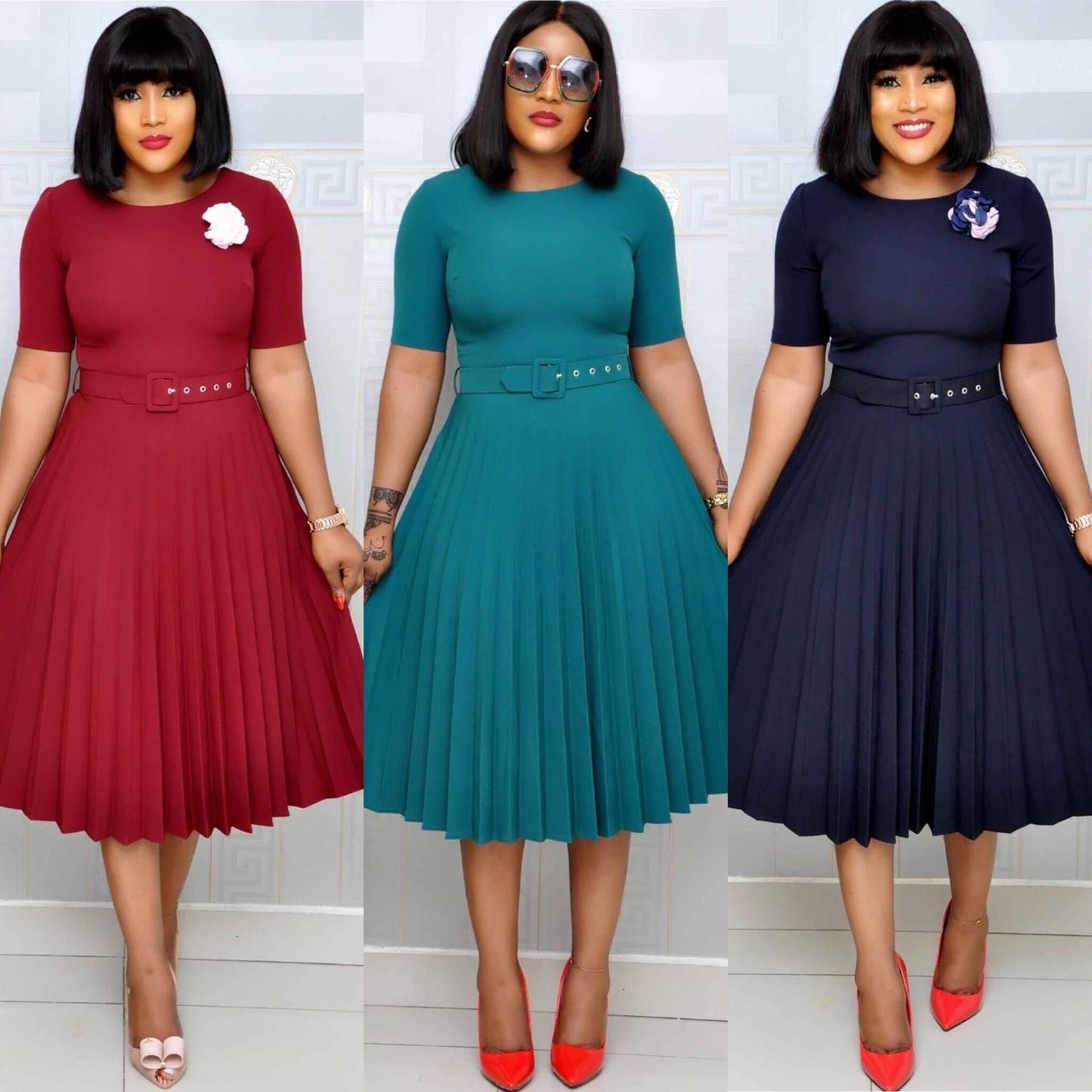 Versatile Women's African Solid Color Pleated Dress