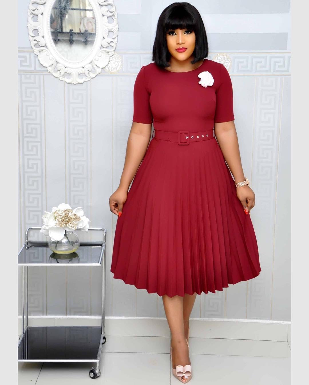 Versatile Women's African Solid Color Pleated Dress