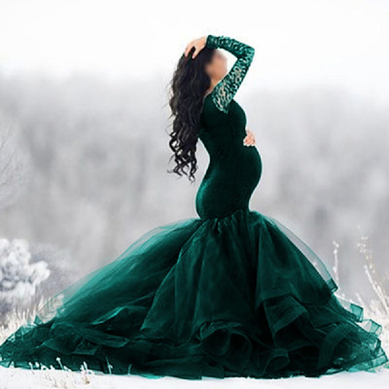 Women's Stitching Mesh Pregnant Floating Tail Long Dresses