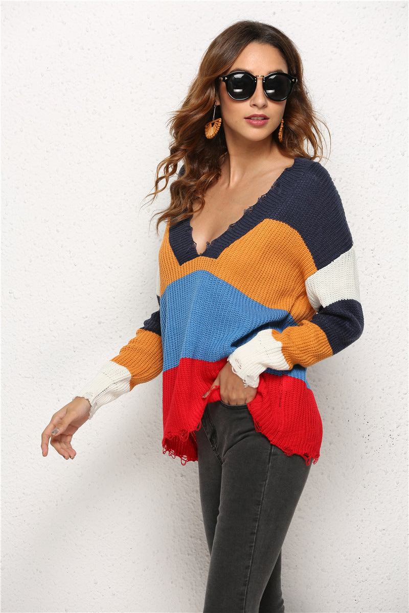 Classic Casual Spring Ripped Stitching Knitted Sweaters