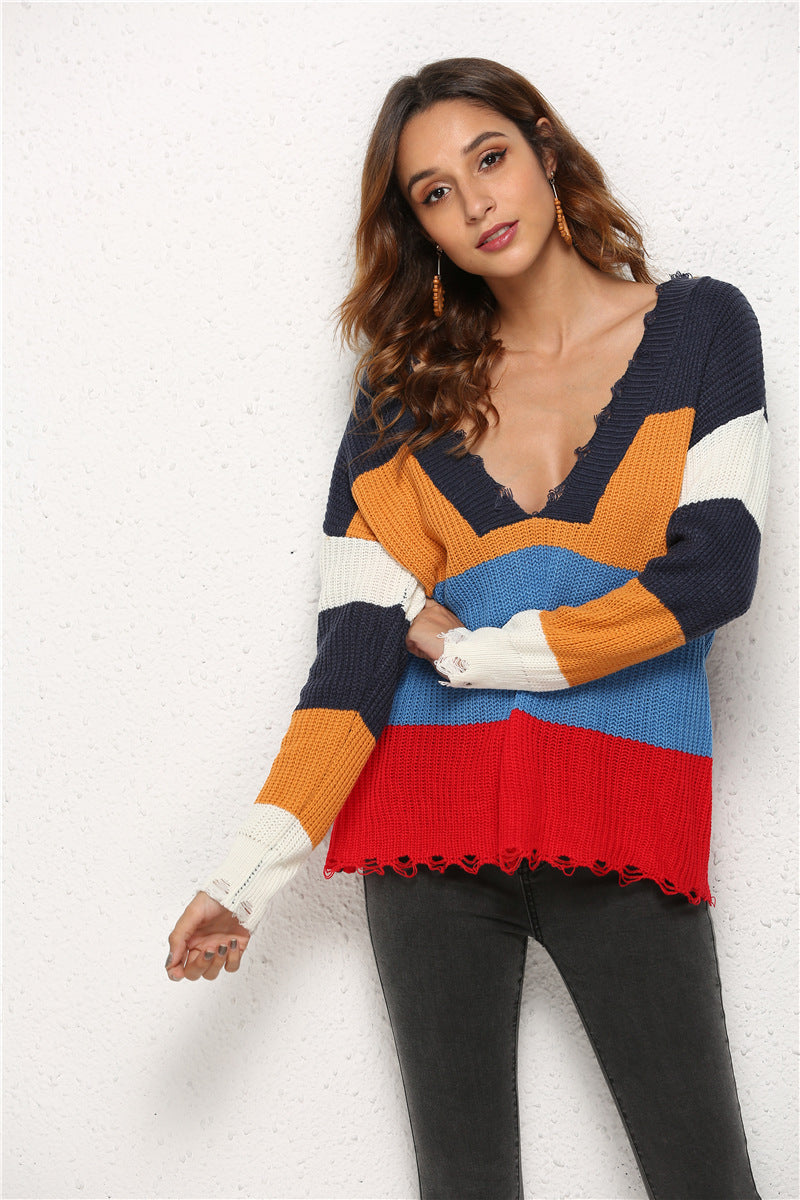 Classic Casual Spring Ripped Stitching Knitted Sweaters