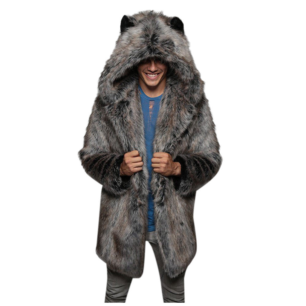Men's Large Imitation Fur Mid-length Hooded Artificial Coats