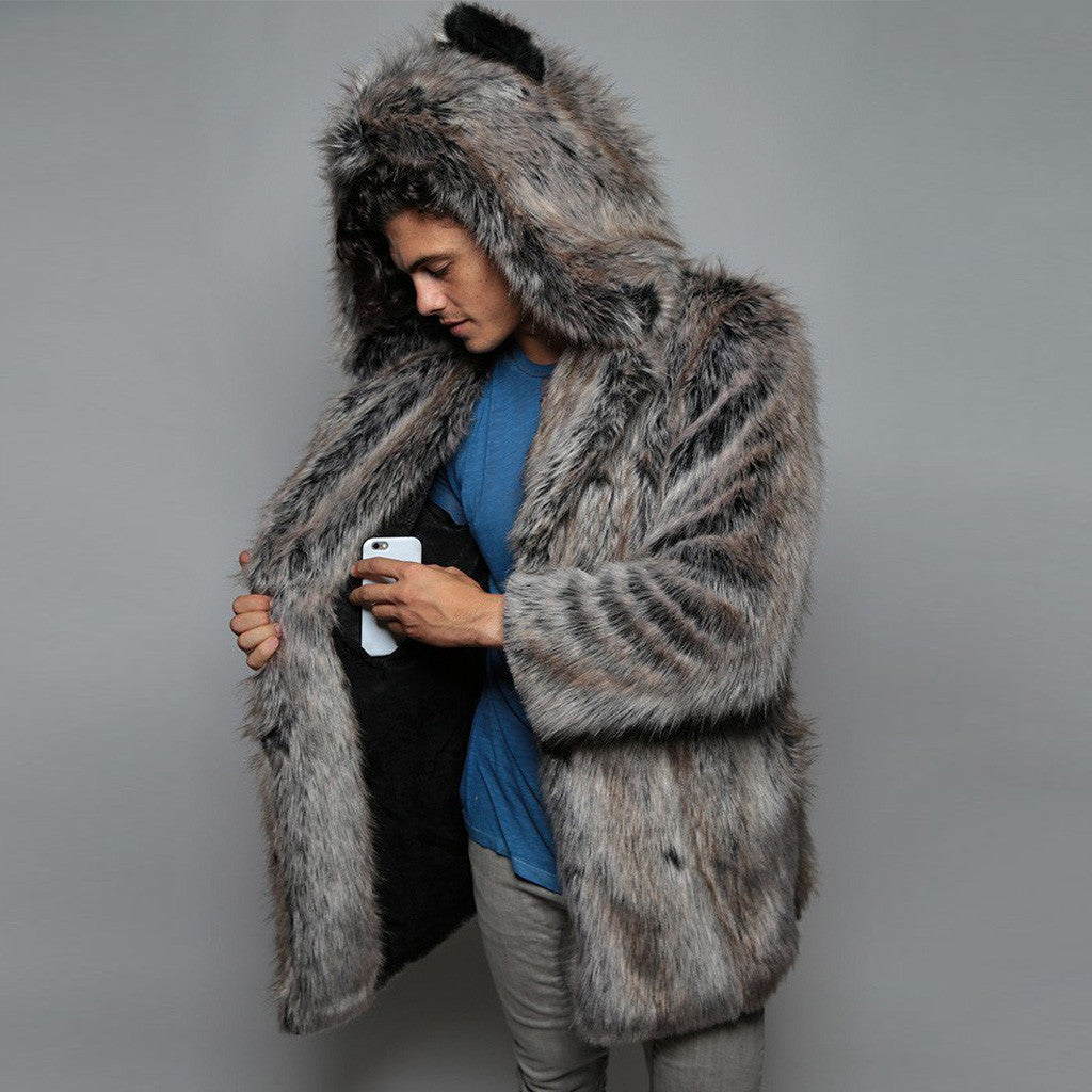 Men's Large Imitation Fur Mid-length Hooded Artificial Coats