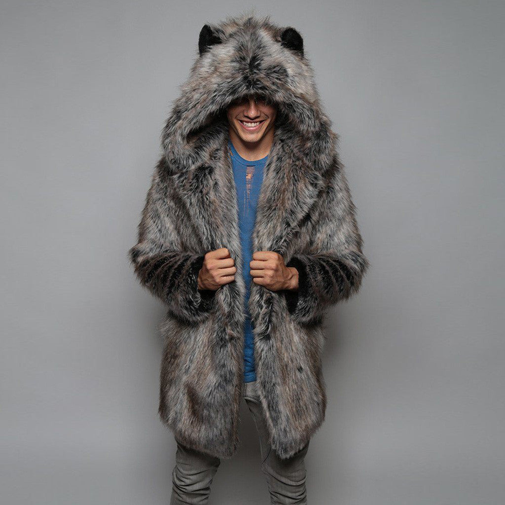 Men's Large Imitation Fur Mid-length Hooded Artificial Coats
