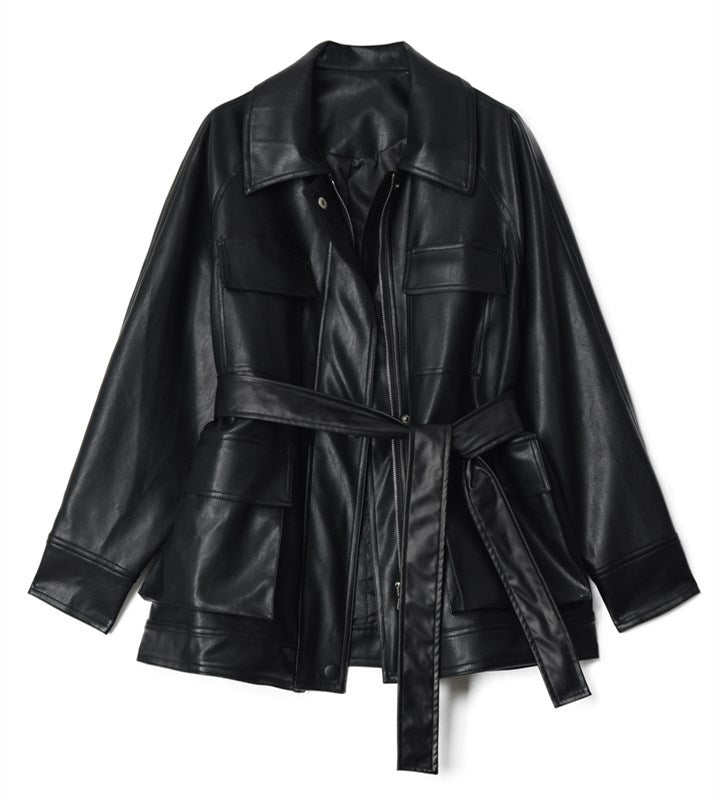 Women's Leather Spring Motorcycle Mid-length Retro Large Jackets