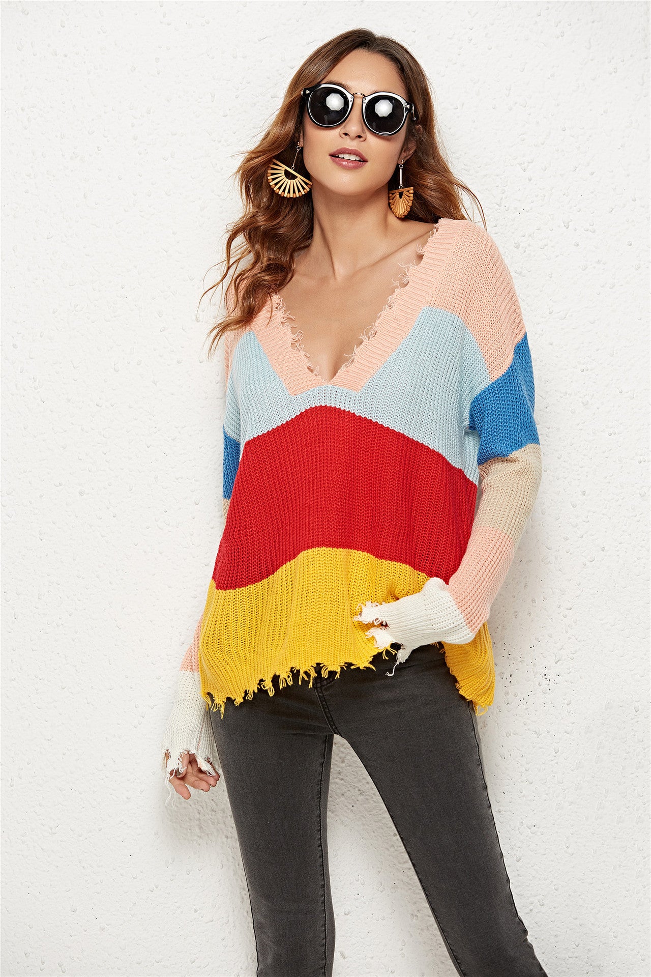 Classic Casual Spring Ripped Stitching Knitted Sweaters