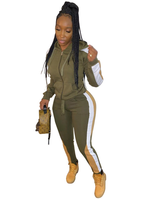 Women's Color Block Stitching Casual Hooded Zipper Suits