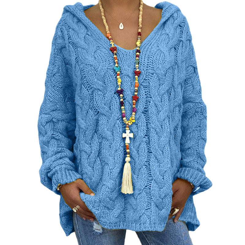 Women's Solid Color Twist Knitted Hoodie Sweater