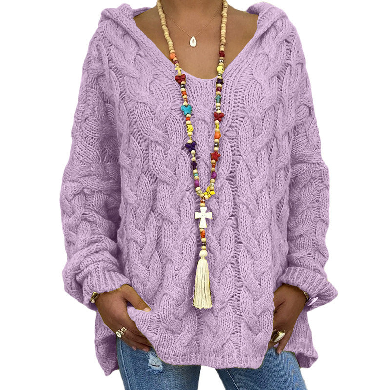 Women's Solid Color Twist Knitted Hoodie Sweater