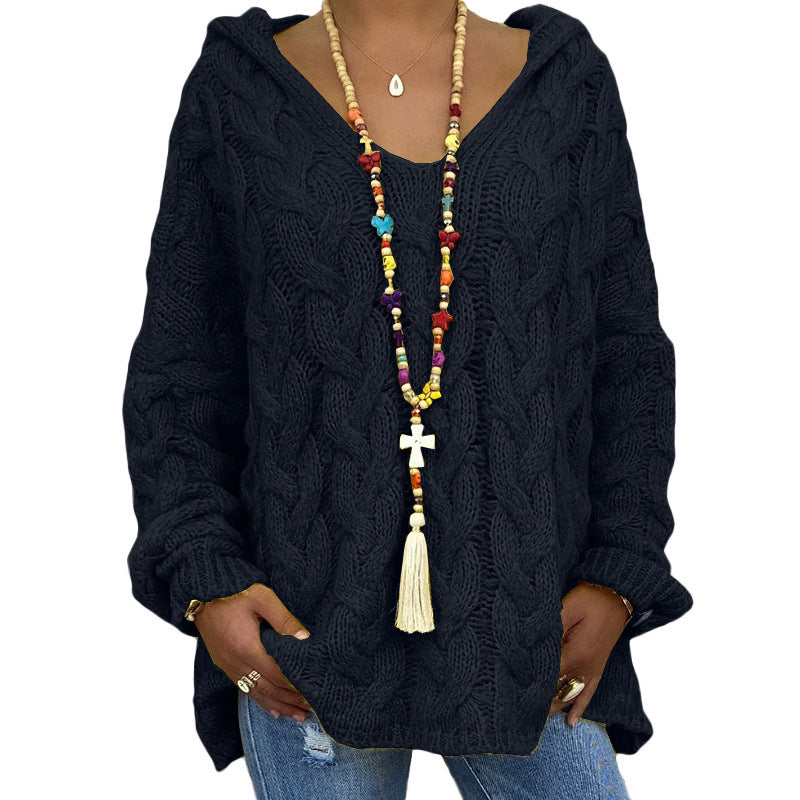 Women's Solid Color Twist Knitted Hoodie Sweater